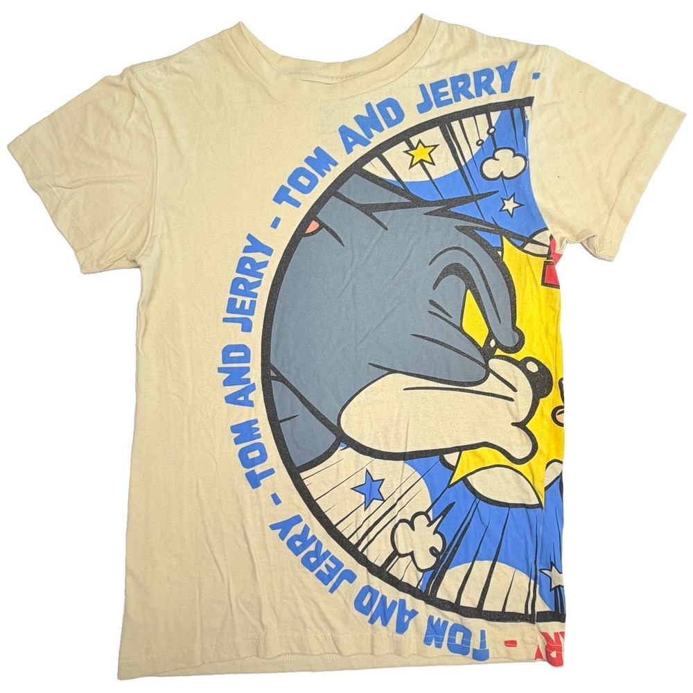Tom And Jerry Adult Small Graphic T Shirt Yellow Wrap Around Cartoon Print